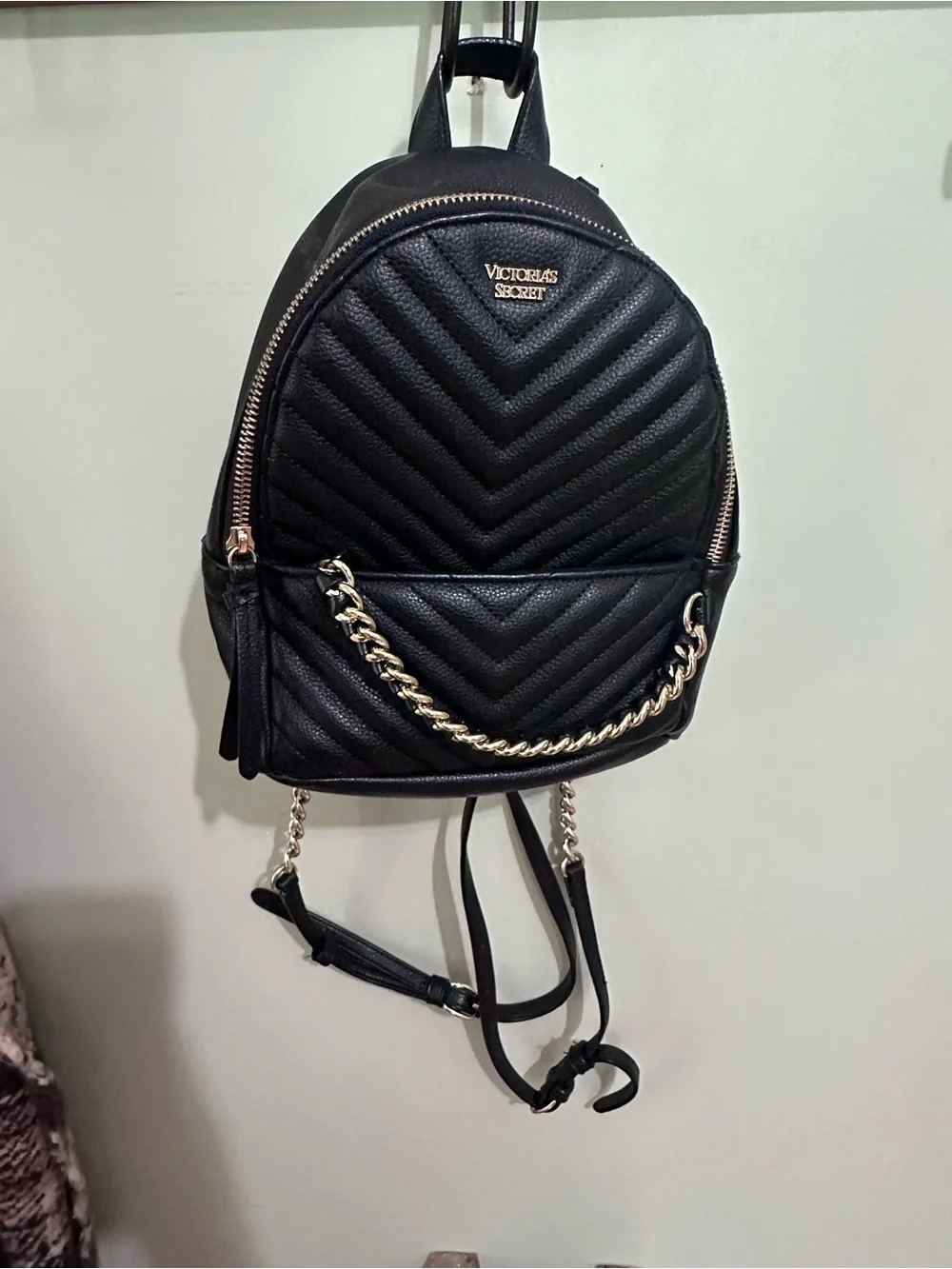 Victoria's Secret Black Quilted Mini Backpack with Gold Chain